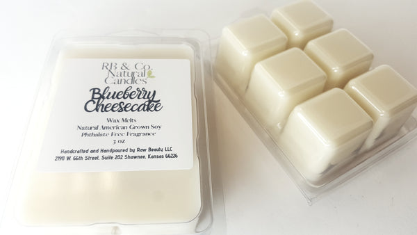 blueberry cheesecake scented soy candle in glass 9 oz jar and blueberry wax melts